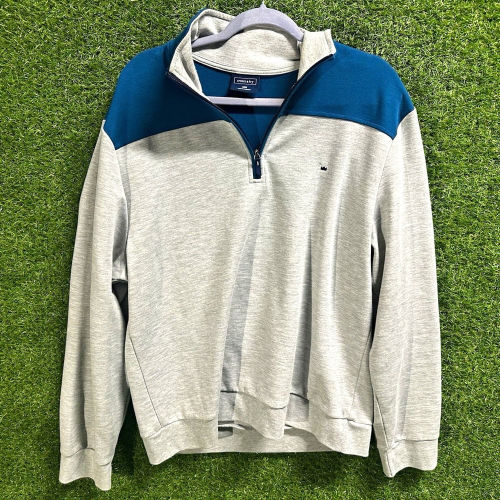 Crown & Ivy Men's L Gray Blue 1/4 Zip Mock Neck Pullover Sweatshirt Logo